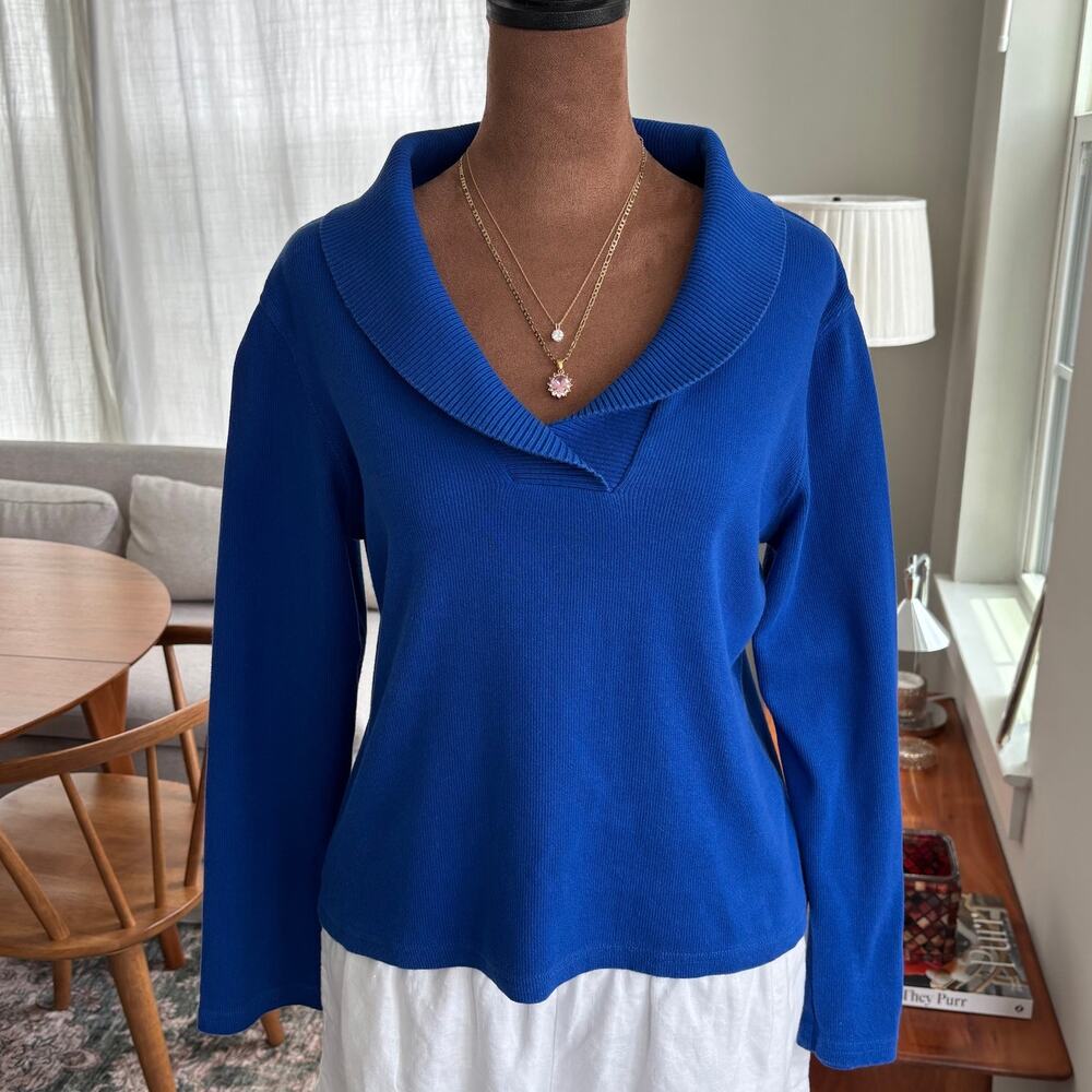 2000s Rafaella Studio Blue Long Sleeve Summer Sweater Ribbed Y2K Petite Medium
